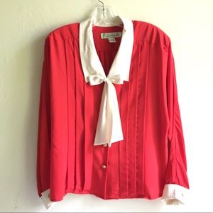 Red Cream Poly Tie Front Long Sleeve Blouse Sz14